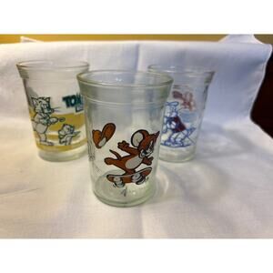 Vintage 1990 Set of 3 Tom & Jerry Welch's Glass Jelly Jar Glasses Turner‎  e2